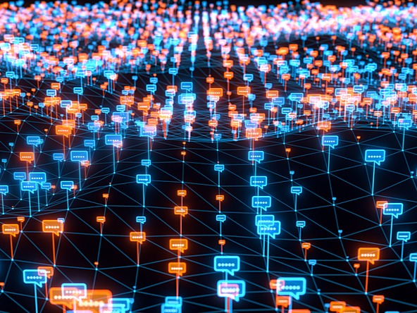 interlinked glowing speech bubbles suggesting communication via text messaging or social media